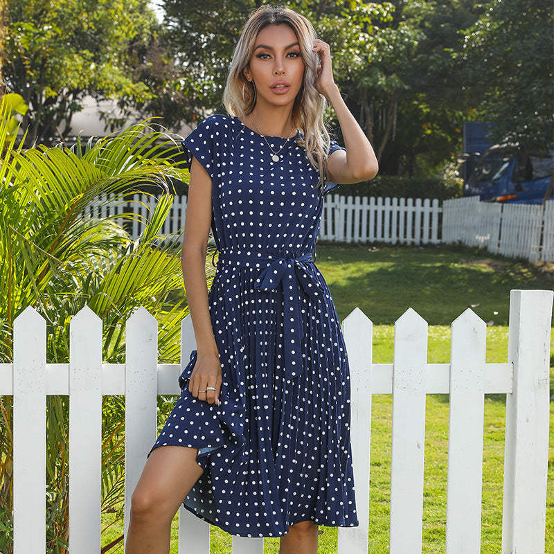 Summer Women Polka Dot Short Sleeve Dress Casual Bandage Party Pleated Midi Dresses Elegant Green Office Lady Clothing